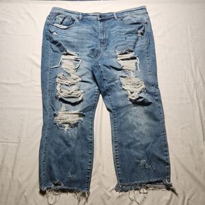 Judy Blue Womens 22W Boyfriend Fit Distressed Straight Leg Blue Denim Jeans